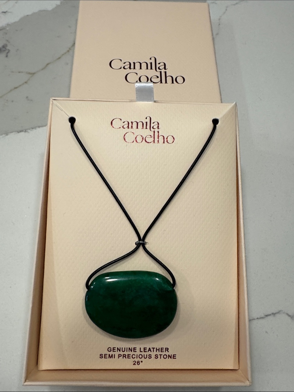 Camila Coelho Dark Green Semi-Precious Stone Pendant on Black Leather Cord